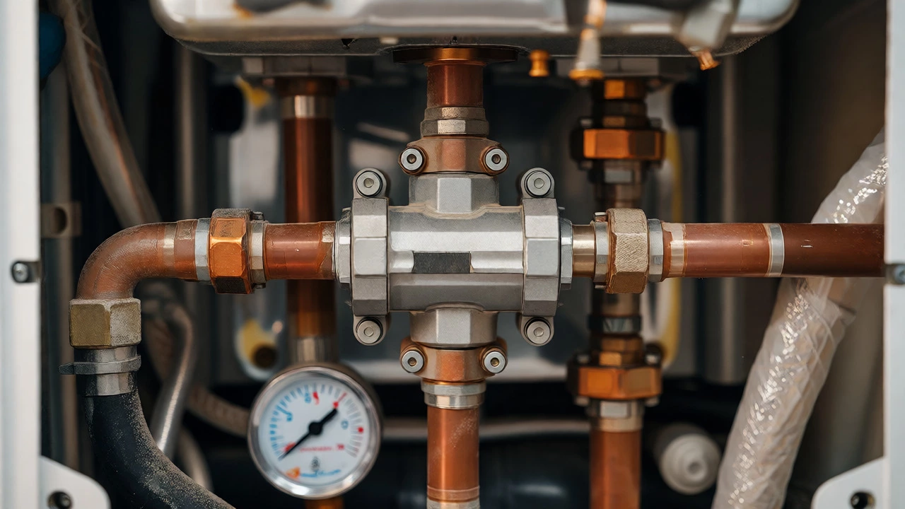 Close-up of a diverter valve and pressure gauge inside a boiler