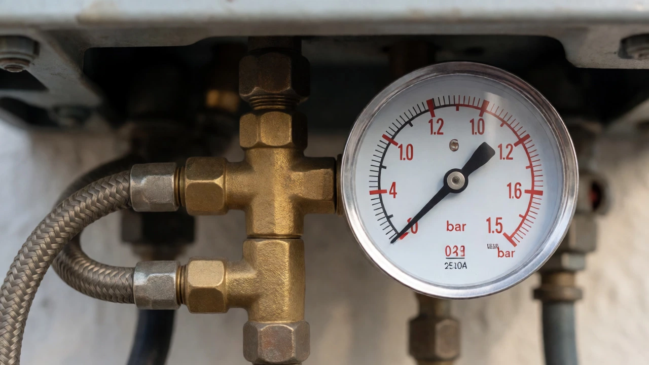 Close-up of boiler pressure gauge and filling loop valves