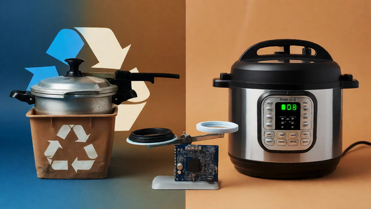 Comparison of old discarded pressure cooker and repaired modern unit
