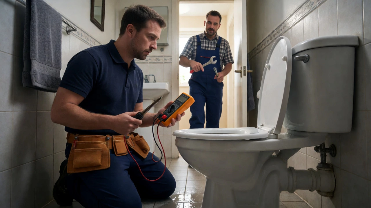 Confused electrician with tools standing before a leaking toilet while a plumber approaches with plumbing equipment.