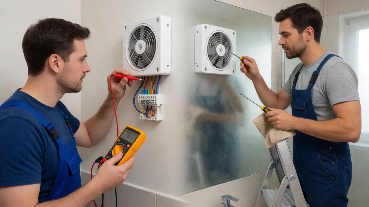 Electrician and handyman preparing to fix a bathroom fan