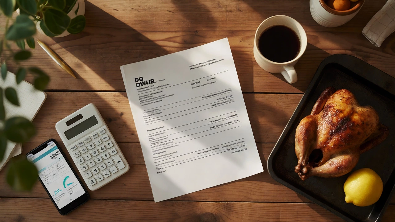 Flat lay of an oven repair invoice, calculator, and roasted chicken on a wooden table.