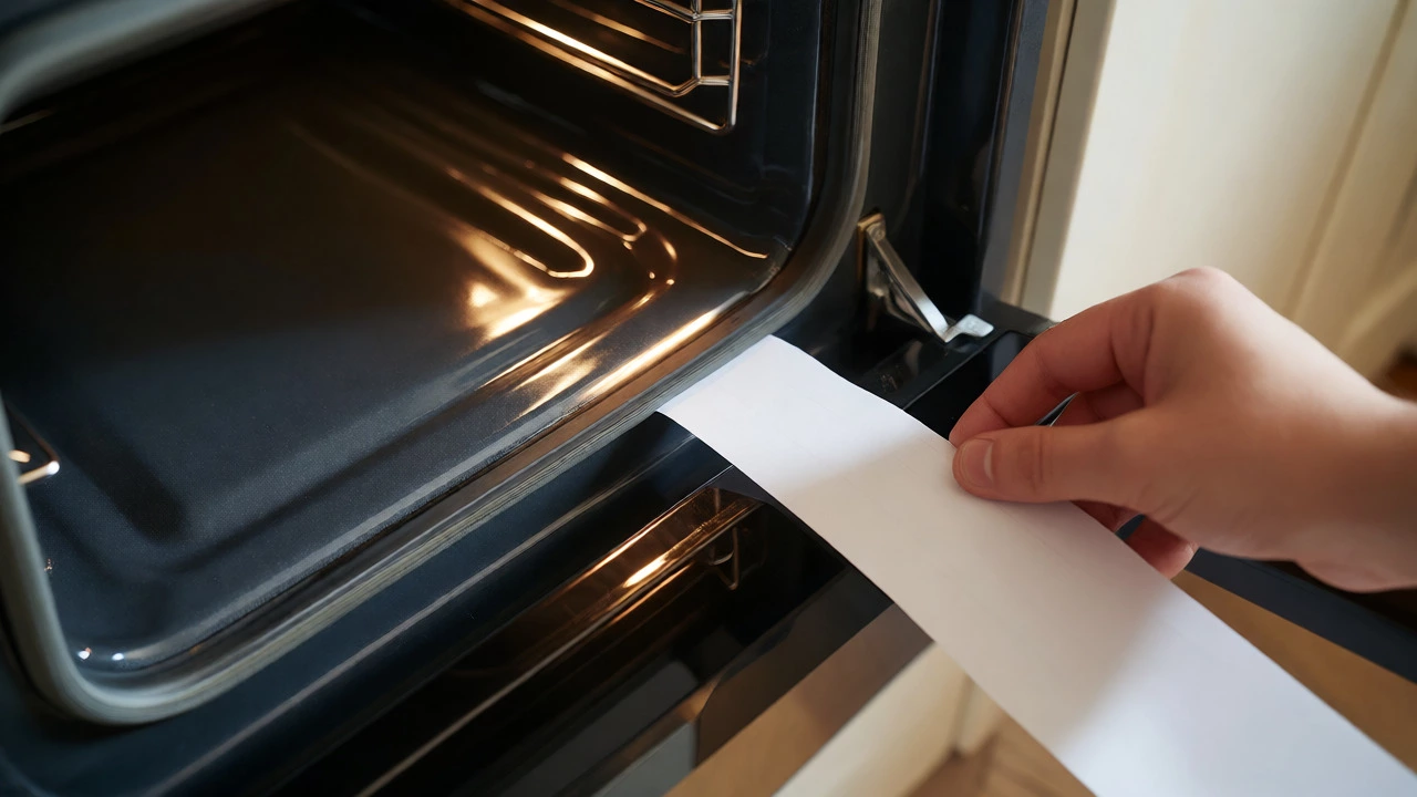 Hand testing oven door seal integrity by sliding paper through the gap.