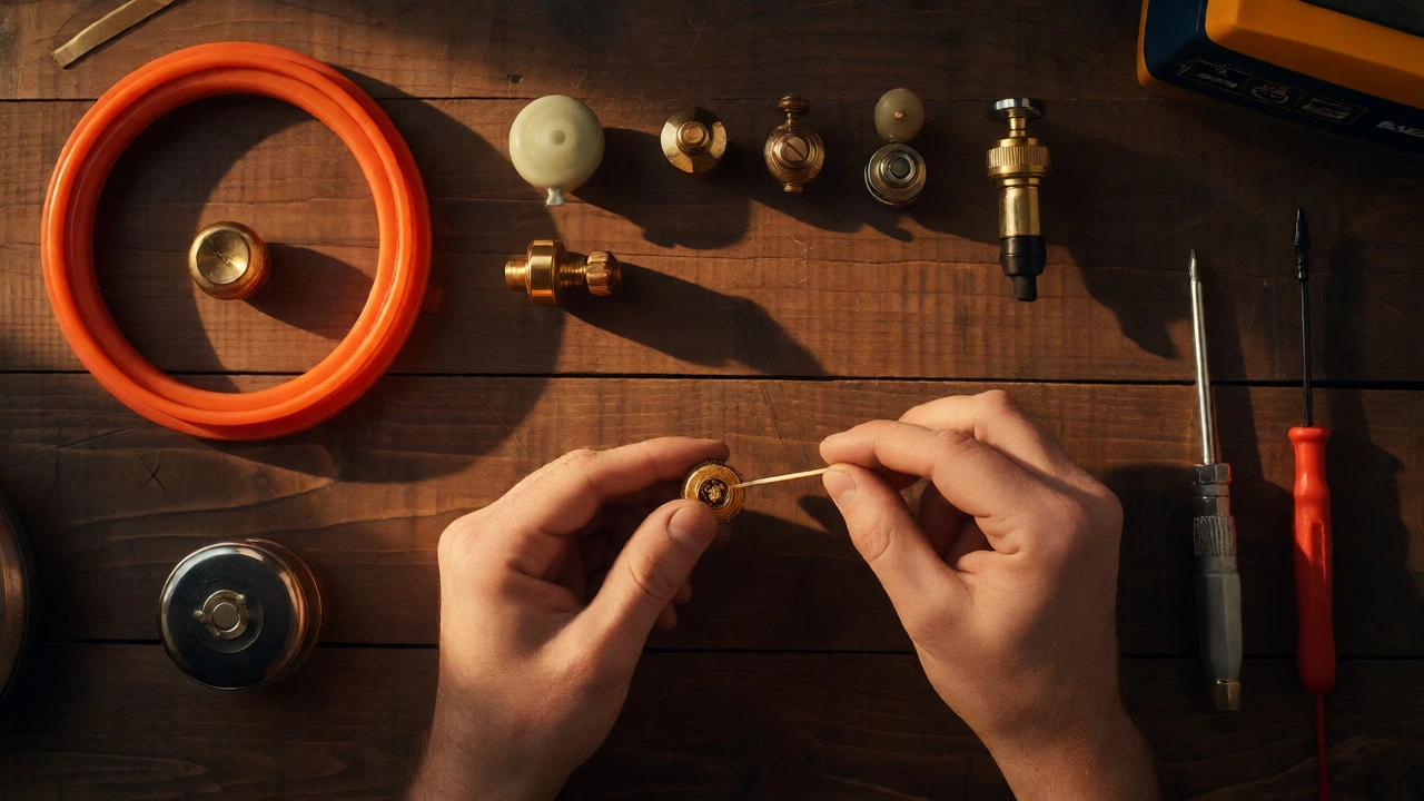 Hands cleaning pressure cooker valves and sorting replacement parts