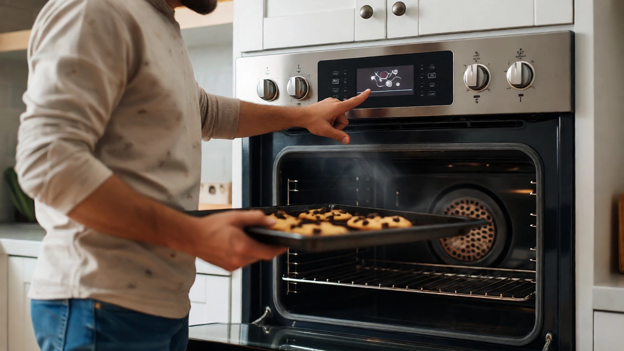 Homeowner inspecting a burnt batch of cookies next to a smoking oven.