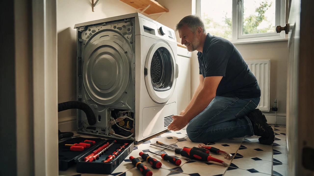 Homeowner repairing a dryer with tools laid out