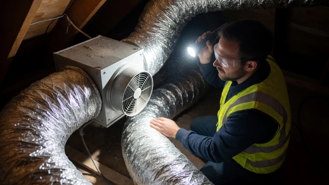 HVAC technician inspecting attic ductwork and inline fan