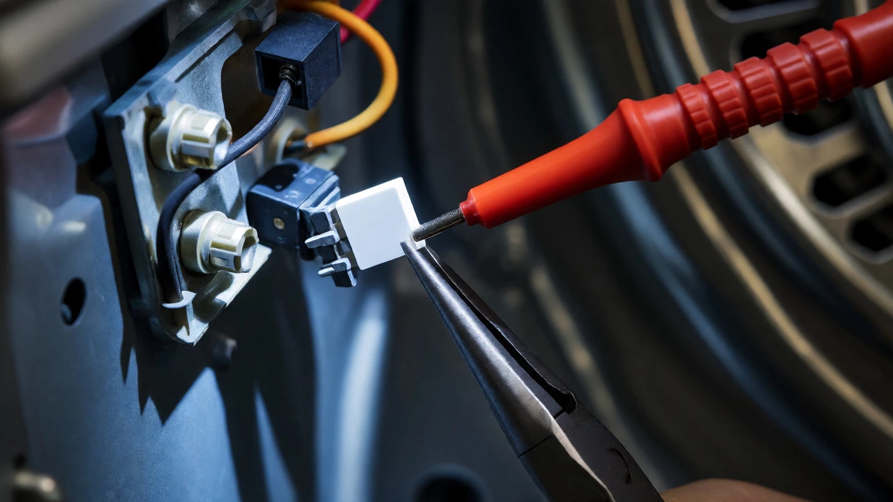Multimeter testing a thermal fuse inside a dryer