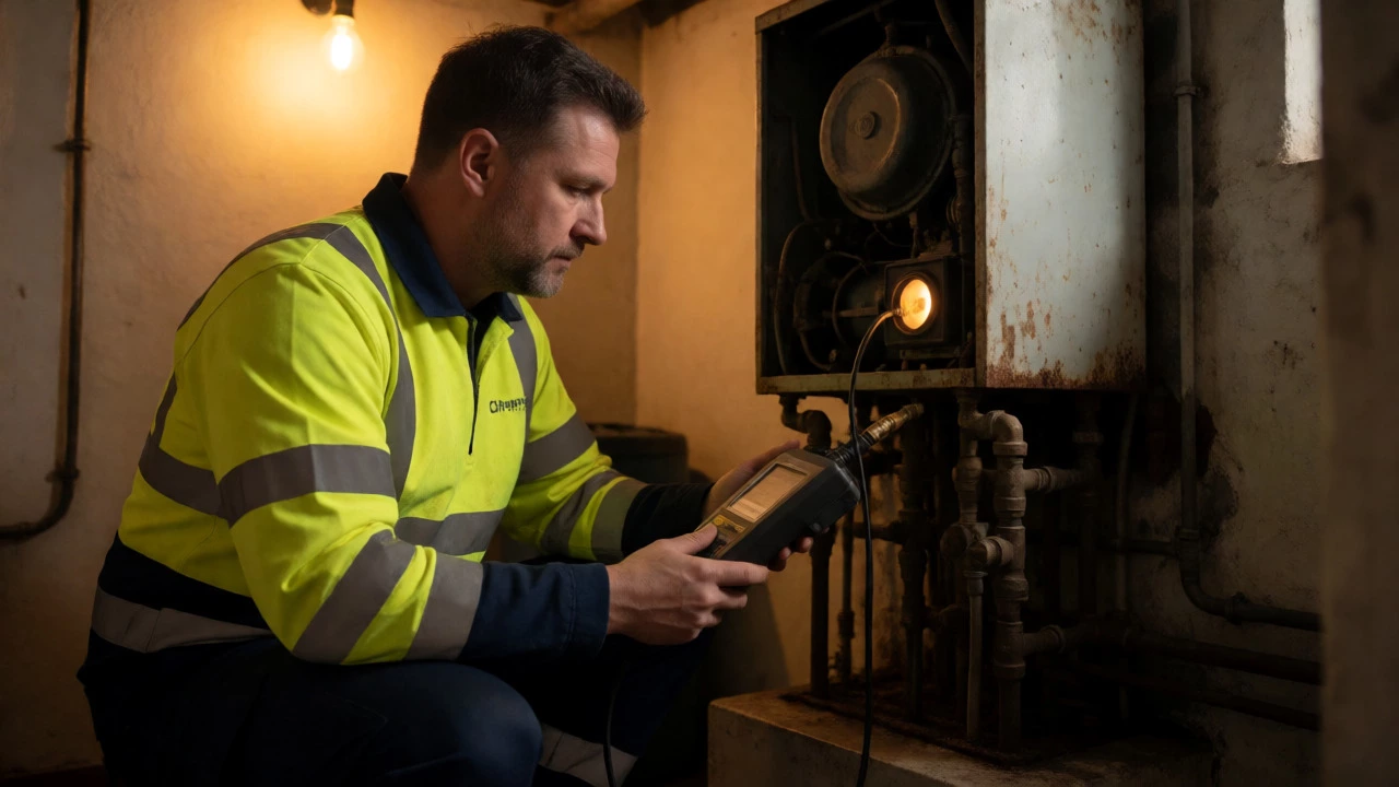 Professional engineer inspecting a boiler flame with diagnostic tools