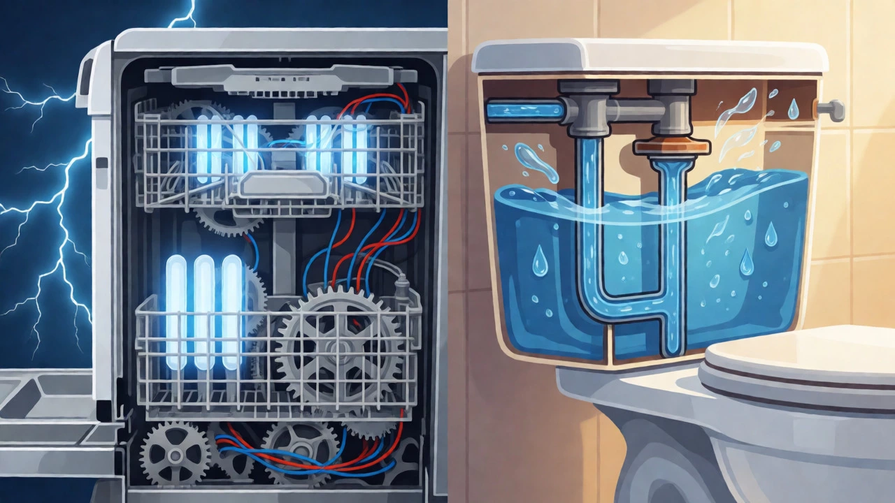 Split-screen diagram comparing the electrical components of a dishwasher with the water-based mechanics of a toilet.