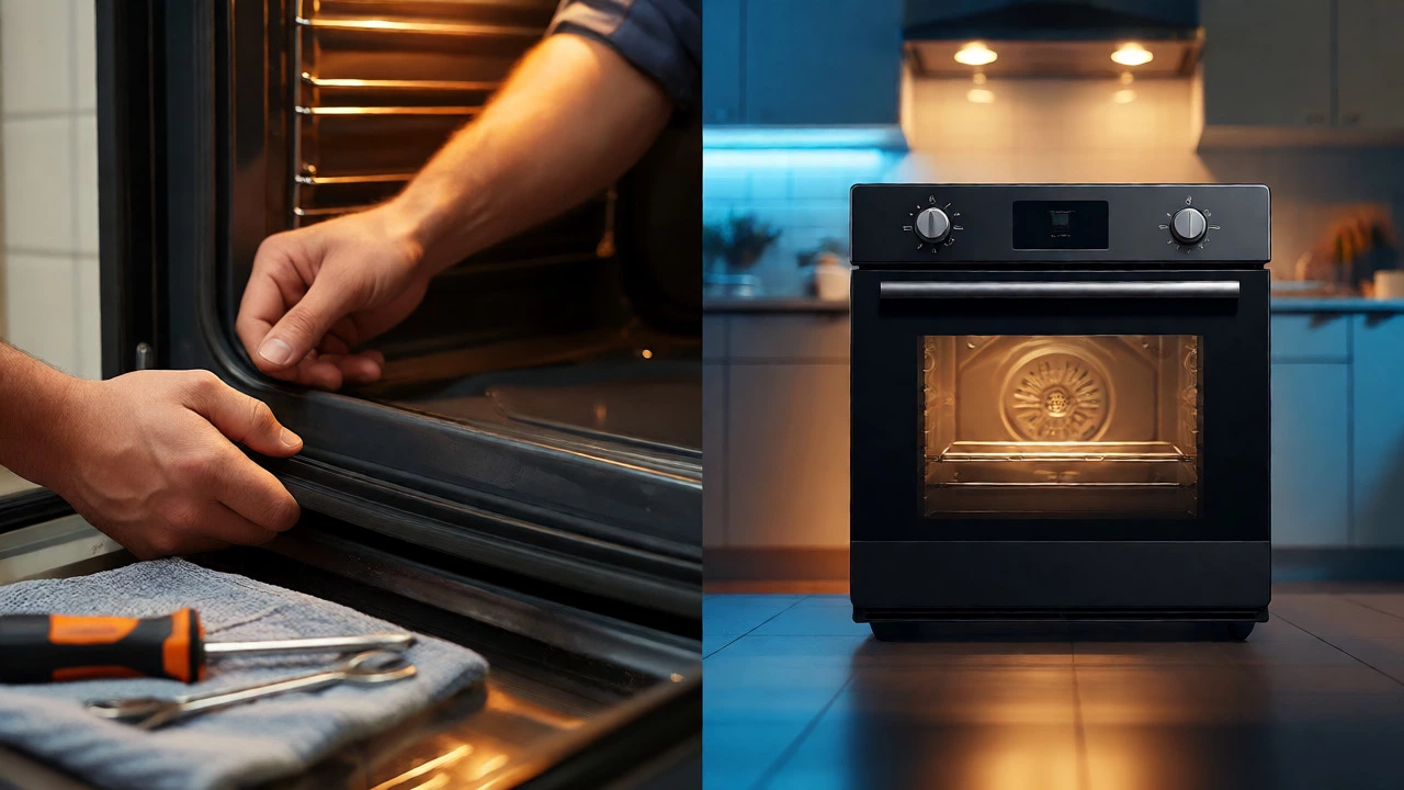 Split view comparing an oven door seal repair with a new sleek oven installation.