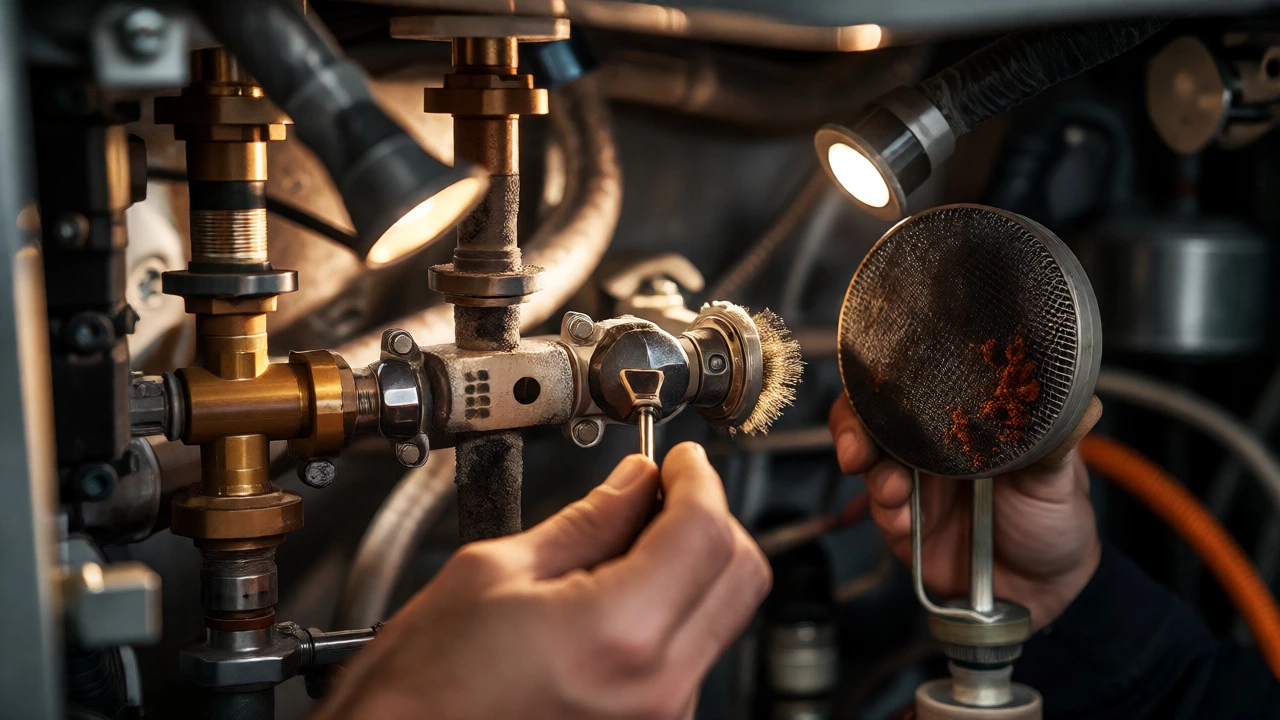 Technician cleaning boiler burner and magnetic filter