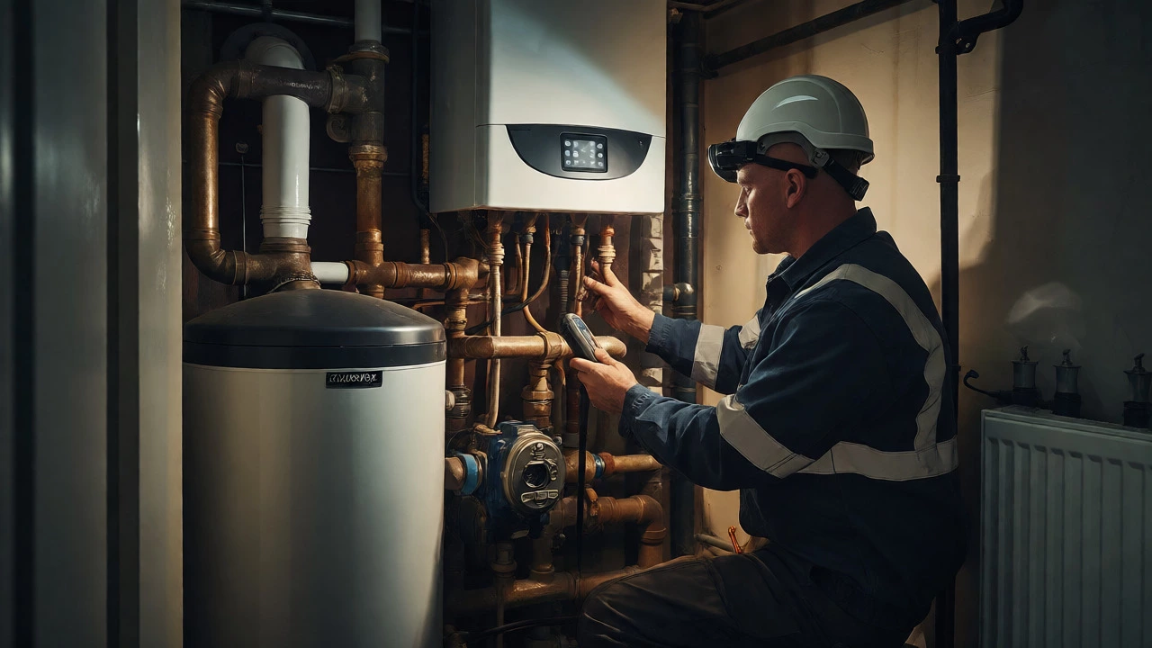 Technician inspecting boiler pipework and hot water cylinder