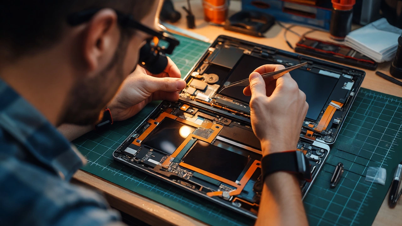 Technician repairing a laptop display assembly with precision tools