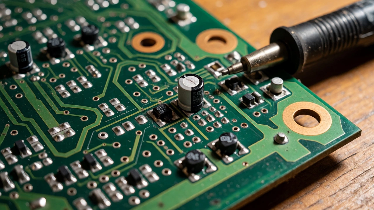 Close-up of a damaged oven control board with burnt components