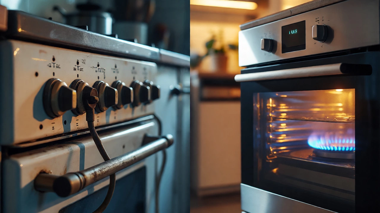 Comparison of worn freestanding range and modern built-in oven