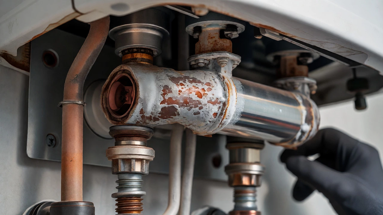 Corroded gas water heater heat exchanger with mineral deposits