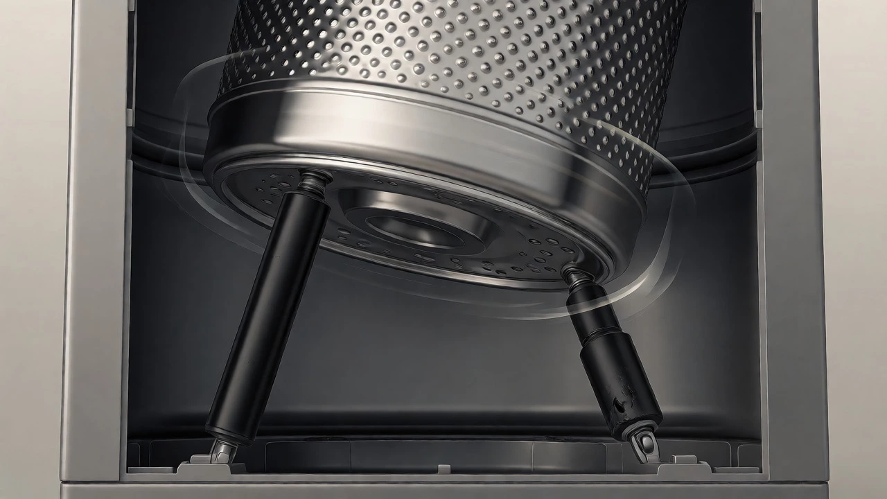 Cutaway view of washing machine drum and worn shock absorbers.