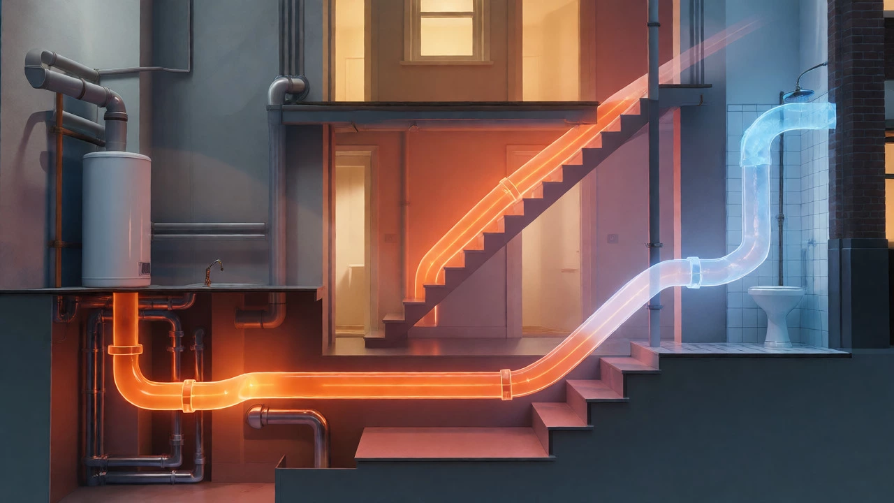 Diagrammatic overlay of hot water cooling down in long pipes leading to a distant bathroom.