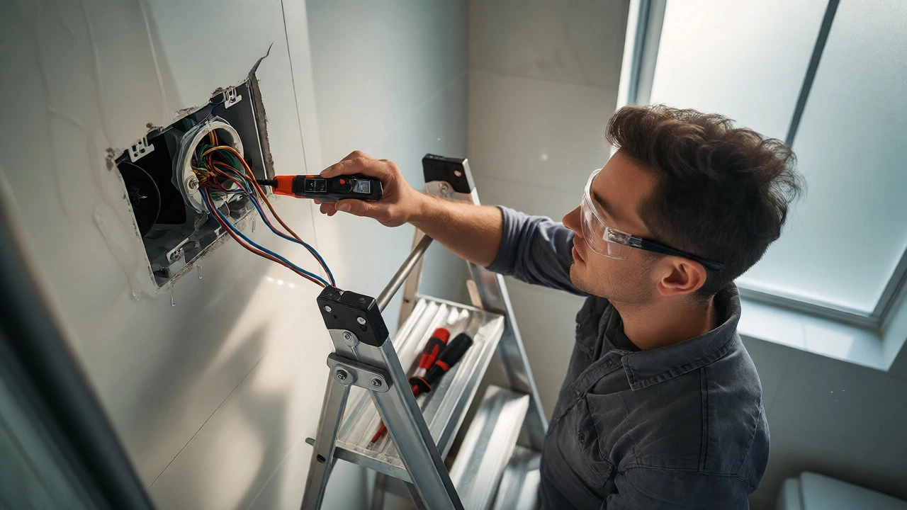 DIYer checking electrical safety with voltage tester during fan removal
