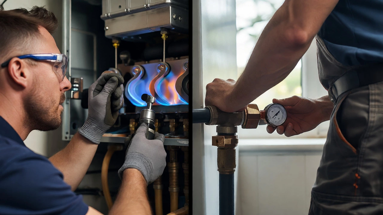 Gas fitter inspecting a burner while a plumber checks water pressure on a heating system.