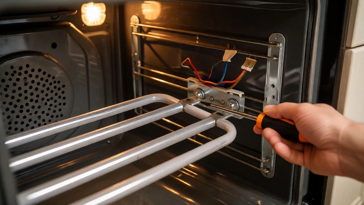 Hand using a screwdriver to install a new heating element into an oven cavity during DIY repair.