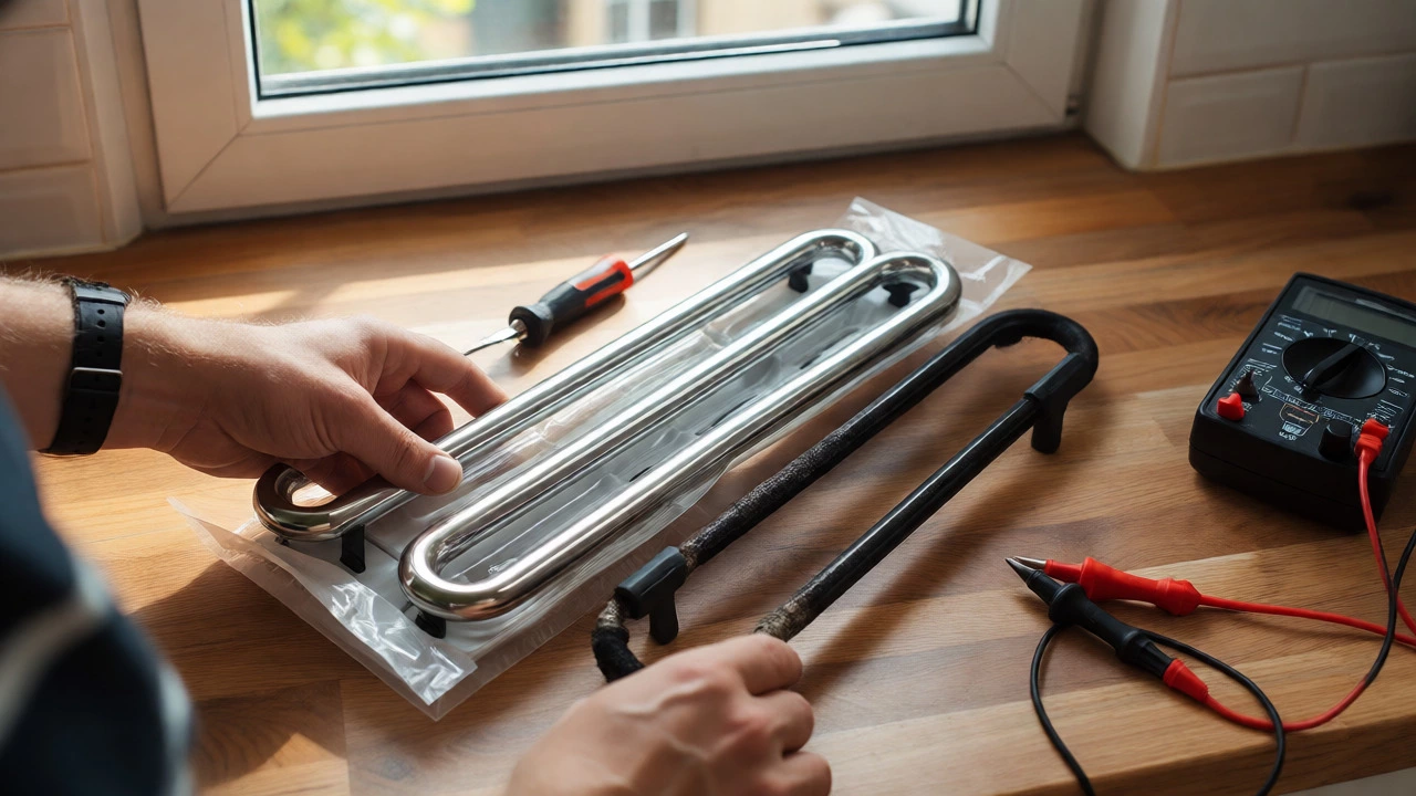 Hands comparing old and new oven heating elements with tools on a counter.