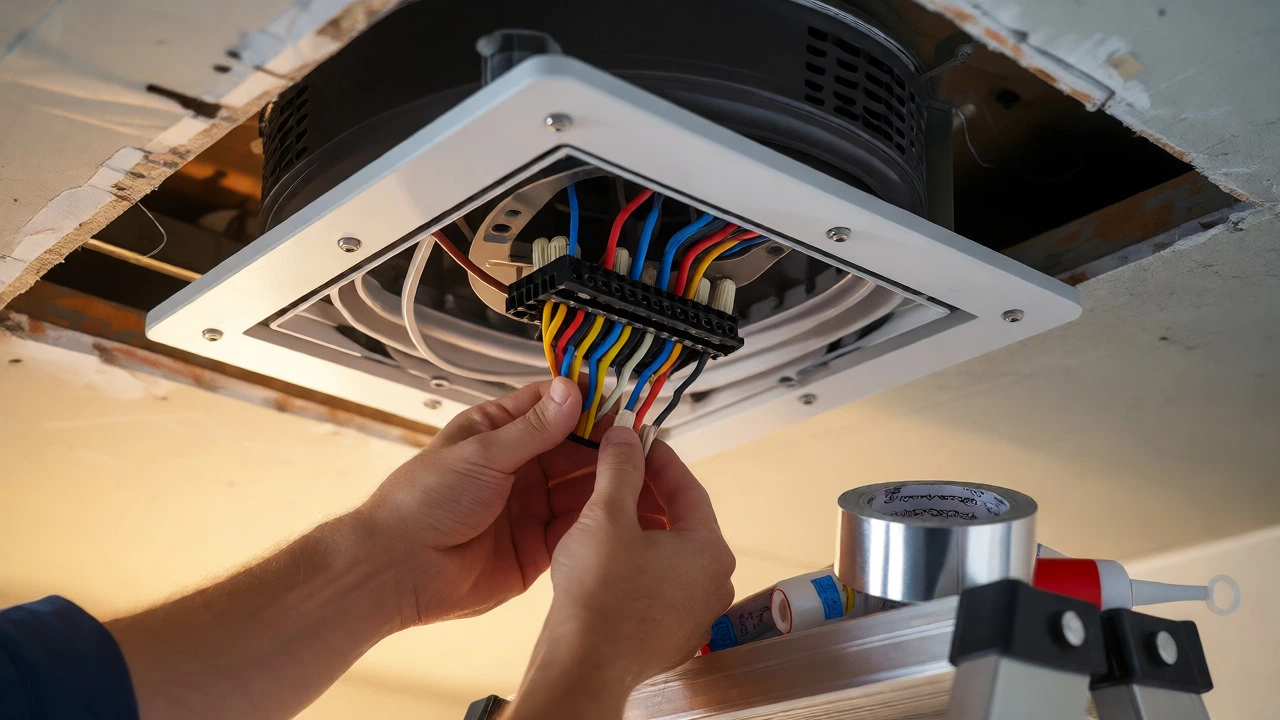 Hands connecting wires to install a new modern bathroom extractor fan