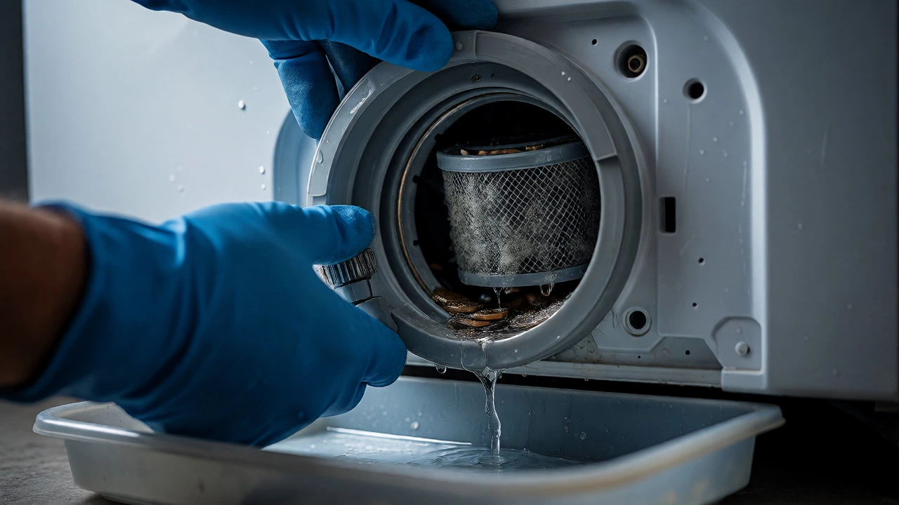 Hands removing a clogged drain pump filter from a washing machine.