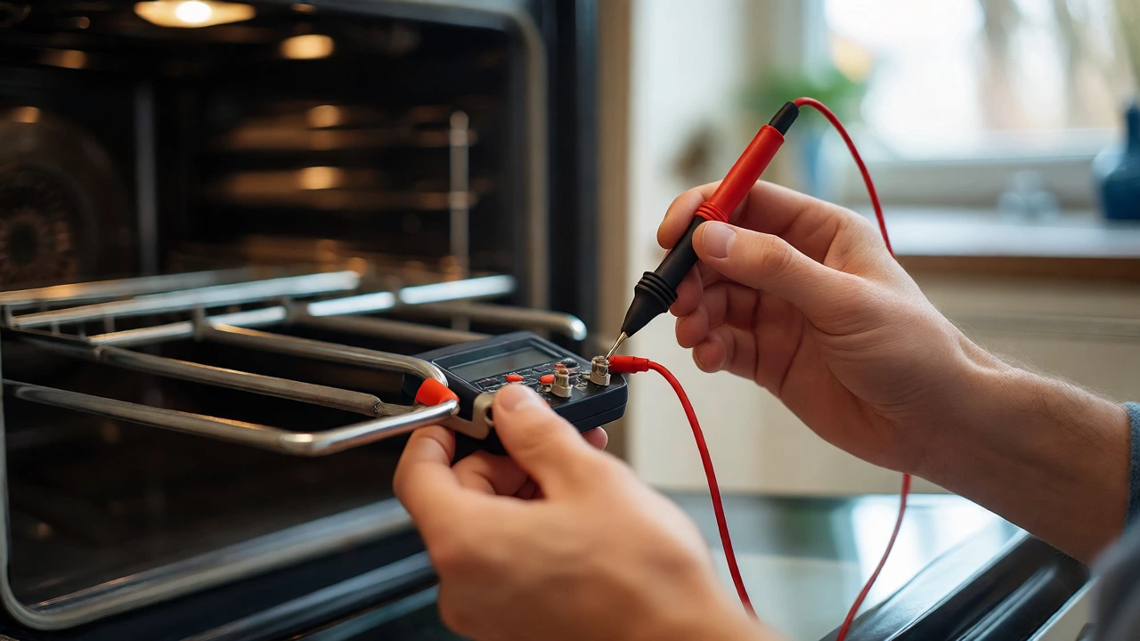 Hands using a multimeter to test the continuity of an oven heating element's terminals.