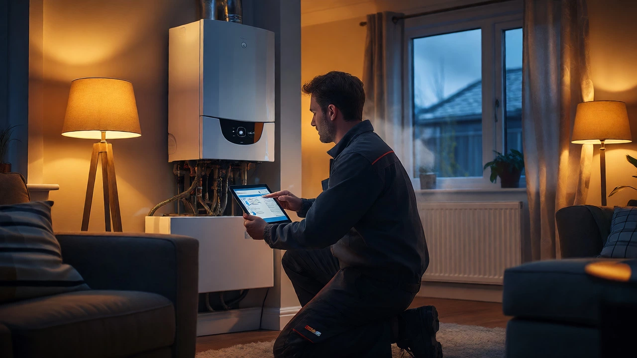 Heating engineer diagnosing a wall-mounted boiler in a warm, dimly lit living room.