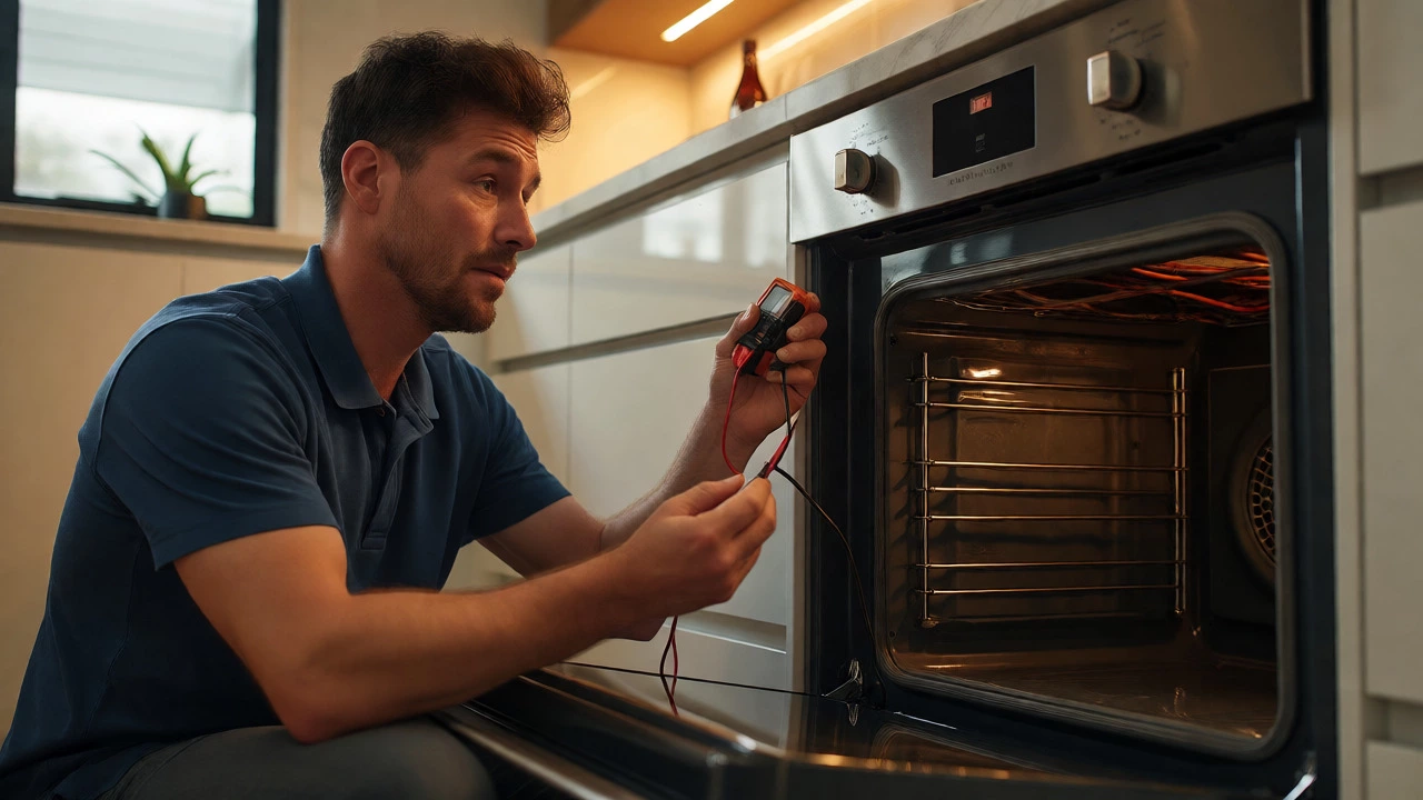 Homeowner using a multimeter to diagnose an oven heating element issue in a modern kitchen.