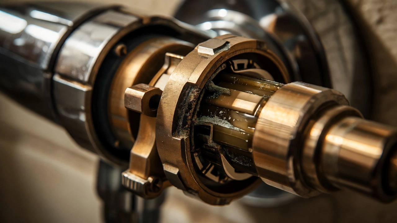 Macro close-up of a worn thermostatic mixing valve cartridge with mineral deposits.