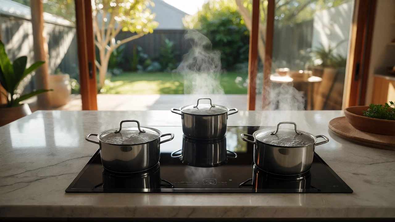 Modern induction hob boiling water in a bright kitchen