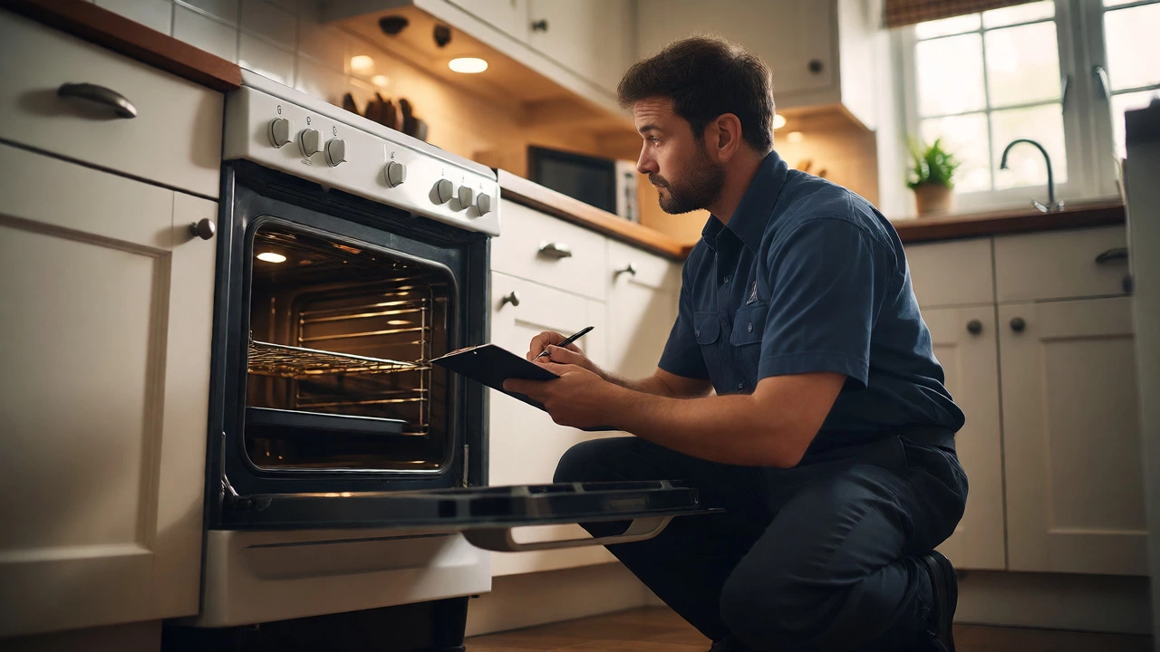 Professional technician inspecting an electric oven and writing a quote.