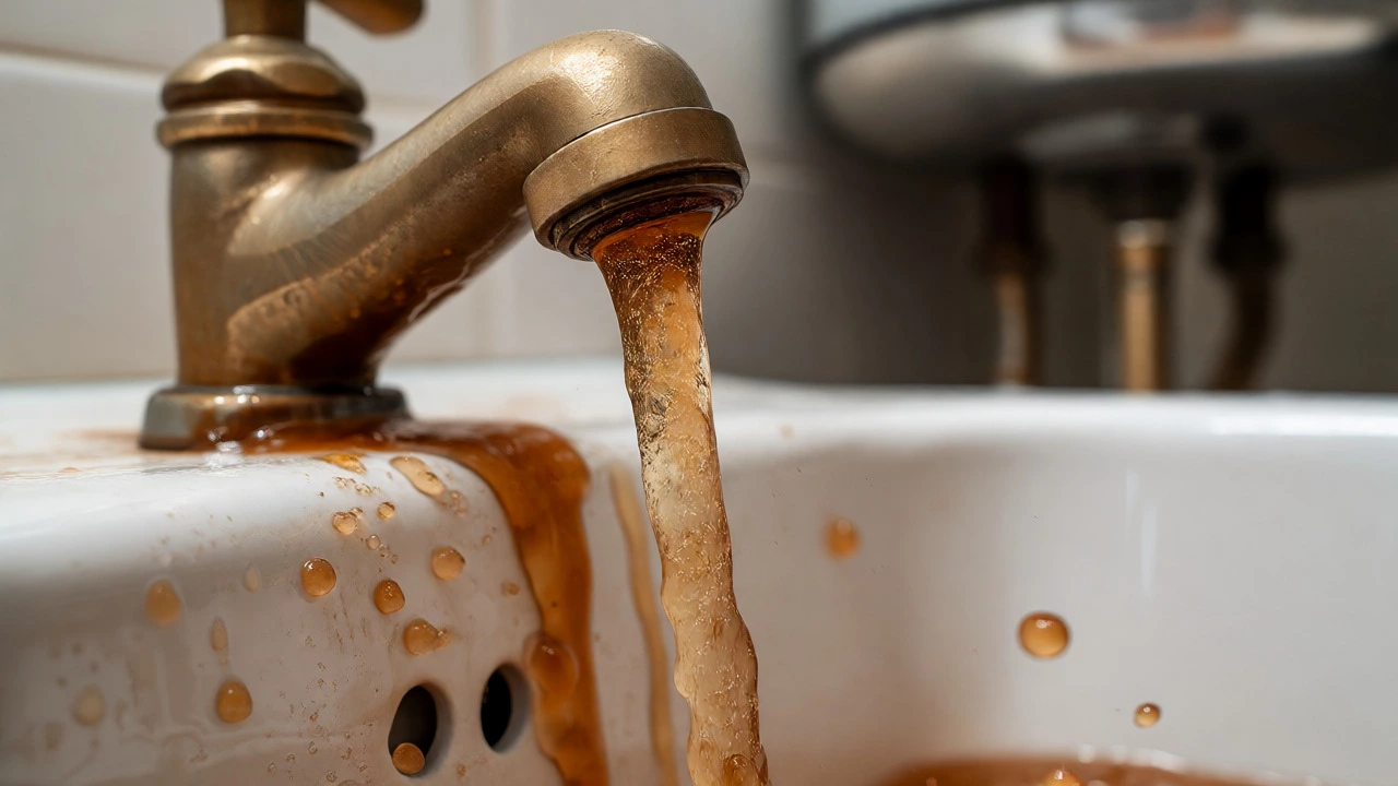 Rusty brown water flowing from a tap into a white sink.