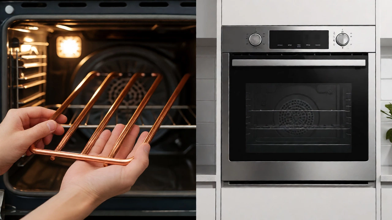 Split view comparing a replacement heating element part with a new stainless steel built-in oven.