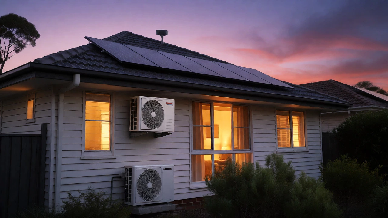 Suburban home with solar panels and heat pump at dusk