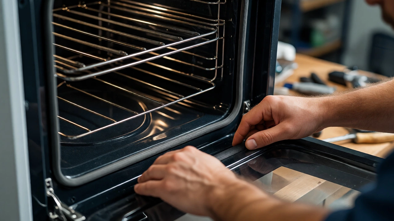 Technician inspecting oven heating elements and door seals during repair