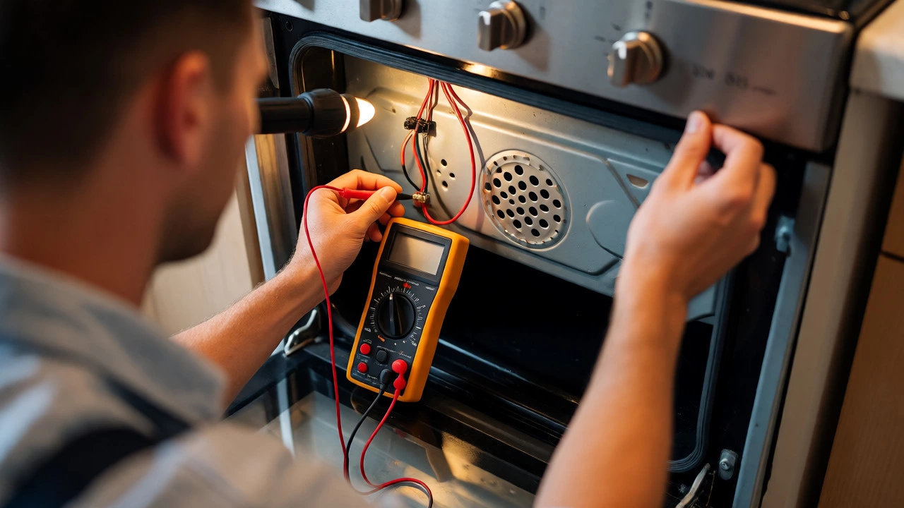 Technician testing oven wiring with a multimeter
