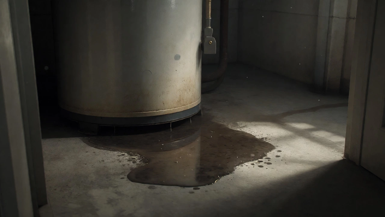 Water puddle forming under an aging water heater tank.